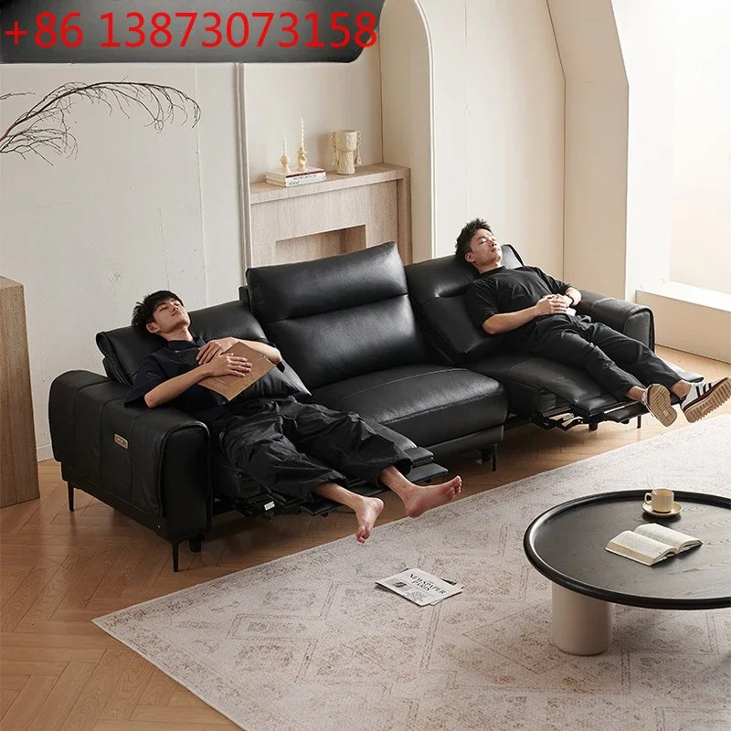 Leather sofa zero against the wall black retro style first layer cowhide retractable adjustable electric function three-person