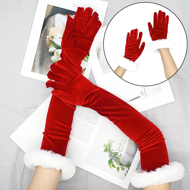 1pair Christmas Red Velvet Gloves White Fluffy Plush Warm Cosplay Full Finger Glove Women Xmas New Year Stage Perform Photo Prop