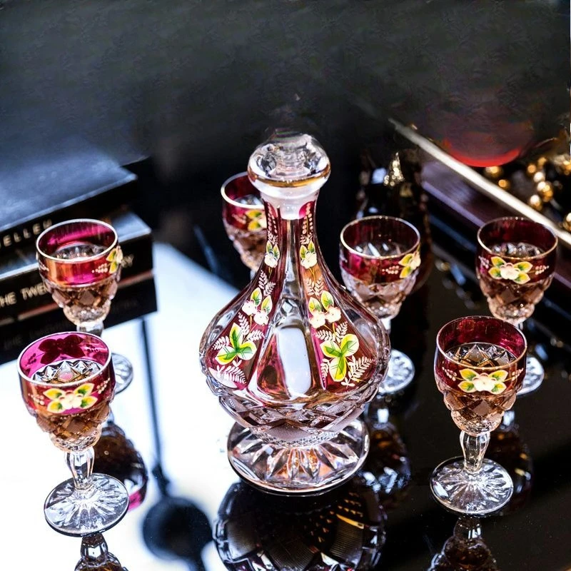 

Crystal red wine glass, tall wine glass, festive red, enamel flower wine set 7-piece set