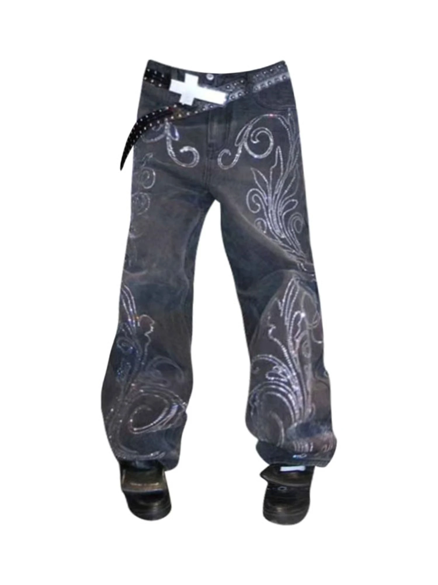 

Women's Y2K Streetwear Baggy Jeans Dark Grey Washed with Rhinestone Floral Print Wide Leg Denim Trousers Casual Fashion Pants