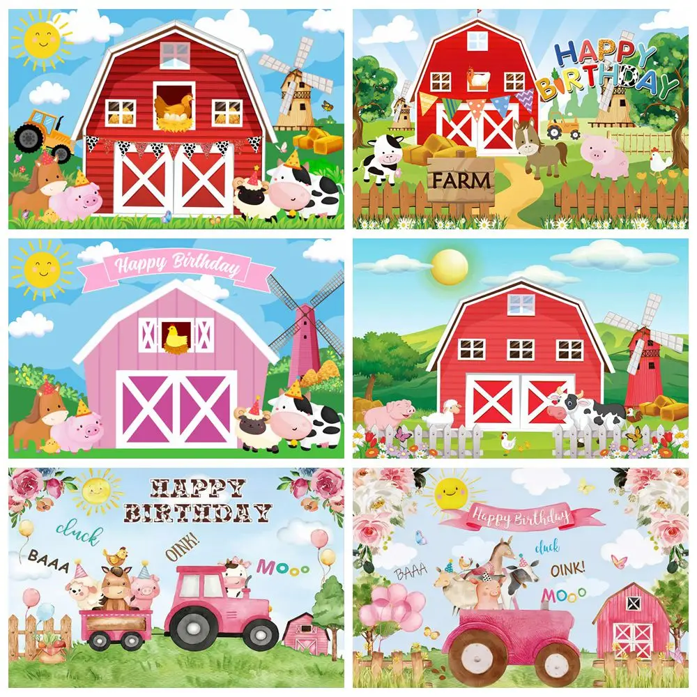 Farm Animals Kids Birthday Party Backdrop Red Pink Barn Fence Orchard Trees Customize Photography Background Decor Photostudio