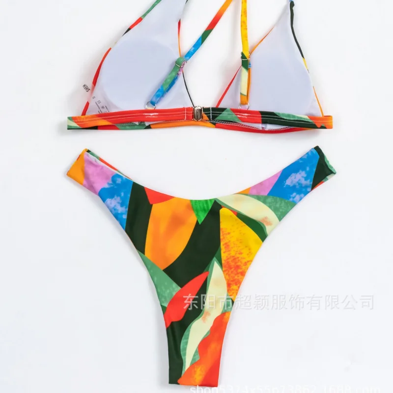 Women's Swimsuit Two-Piece Retro Multi-Color Print Triangle Push-Up Sexy One-Shoulderbiki