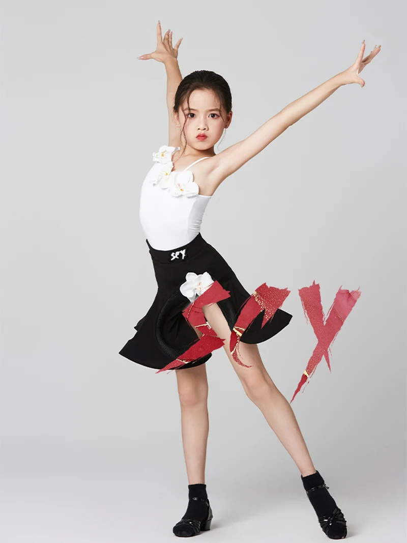 أطفال بنات واحد الكتف زهرة اللاتينية فستان رقص هيكل السمكة تنورة قاعة الرقص رومبا Dancewear التدريب تشاتشا أزياء مسرحية
