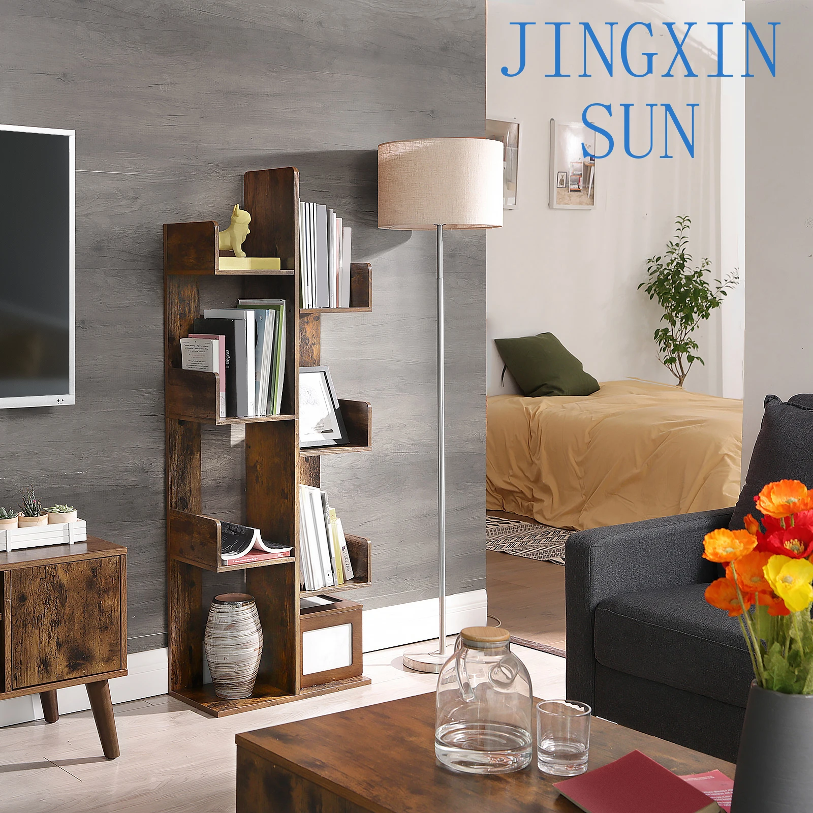VASAGLE Modern High Quality White 8 Shelves Tree-Shaped Bookshelf