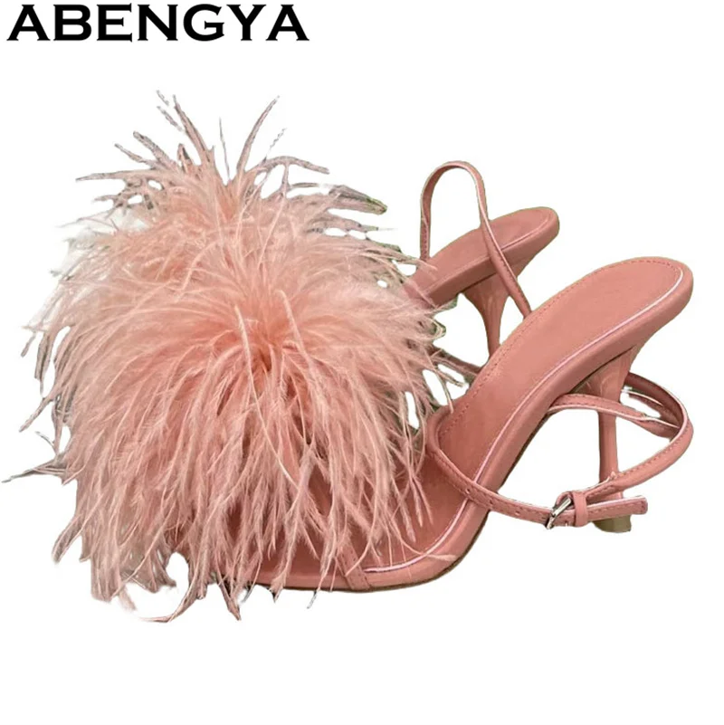 

Hot Feather Tassel Flip Flop Thin High Heels Sandals Women Ankle Buckle Peep Toe Gladiator Sandals Summer Sexy Dress Party Shoes