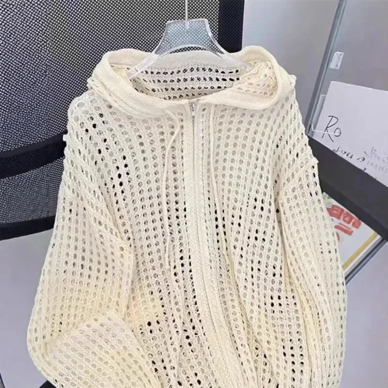 Korean Plaid Sweatshirt Hoodie Jacket Y2K Cardigan Women Spring Autumn Hollow Knit Sweater Ins Loose Coat Sweatshirt Hoodie New