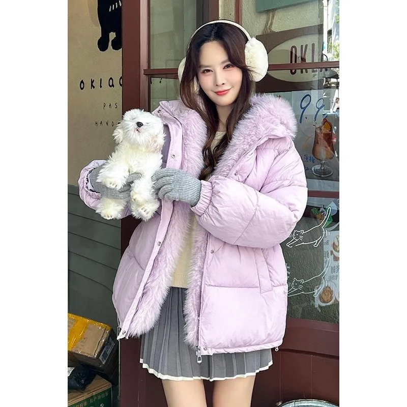 

2024 Новая толстовка с большим воротником и толстовкой средней длины, корейская хлопковая куртка для женщин с отделкой талии и внешним видом для похудения