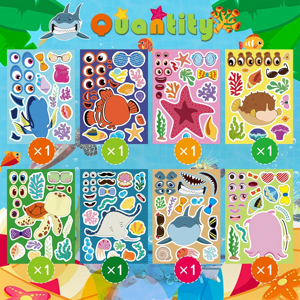 8/16Sheets Make a Face Ocean Animal Puzzle Stickers Create Your Own Shark Turtle Children Sea Themed Game Jigsaw Kids Toys Gifts