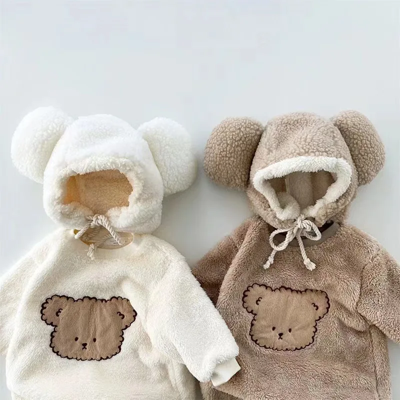 2024 winter fashion new products baby soft plush jumpsuit crawling clothes outing clothes wearing hats can be disassembled