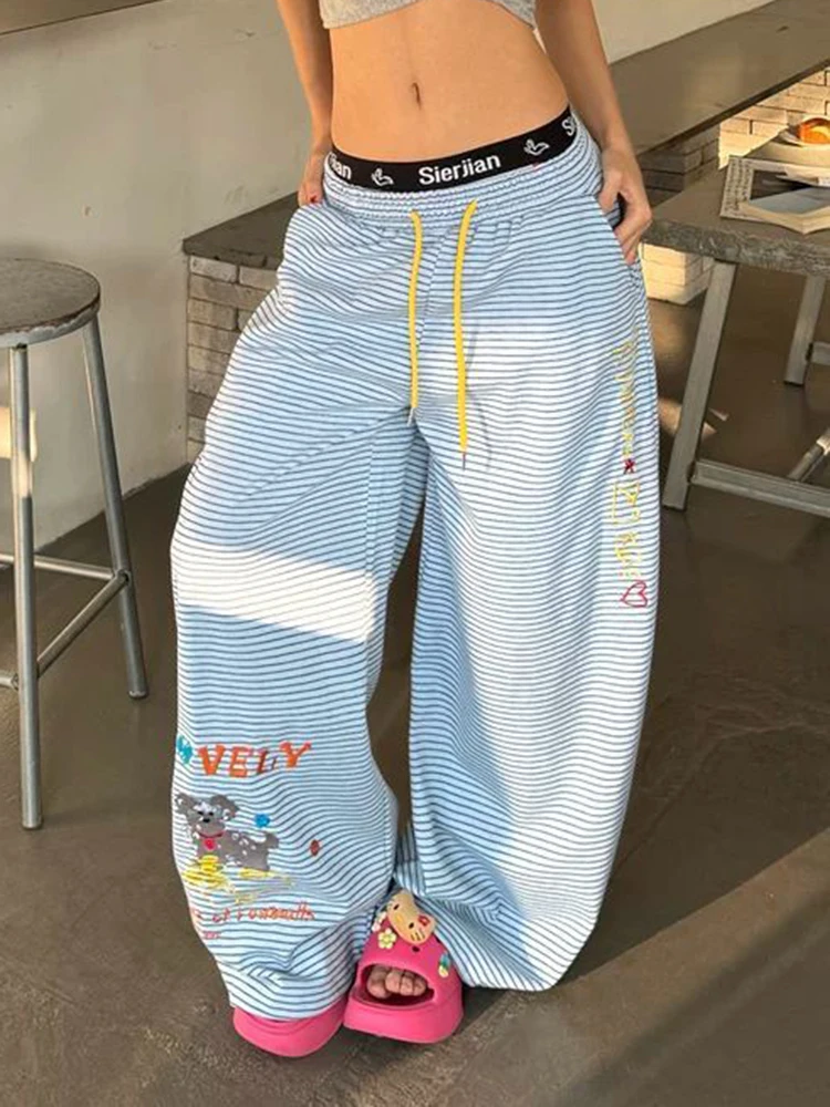 Harajuku Cartoon Striped Pants Women High Waist Embroidery American Casual Trousers Fall Vintage Hip Hop Bf Loose Y2K Pant New