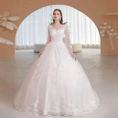 Imagen 2 del producto Vestido De novia moderno De manga larga para mujer, Vestido De baile De encaje De lujo con flores dulces, vestidos De boda con foto Real, nuevo, 2022