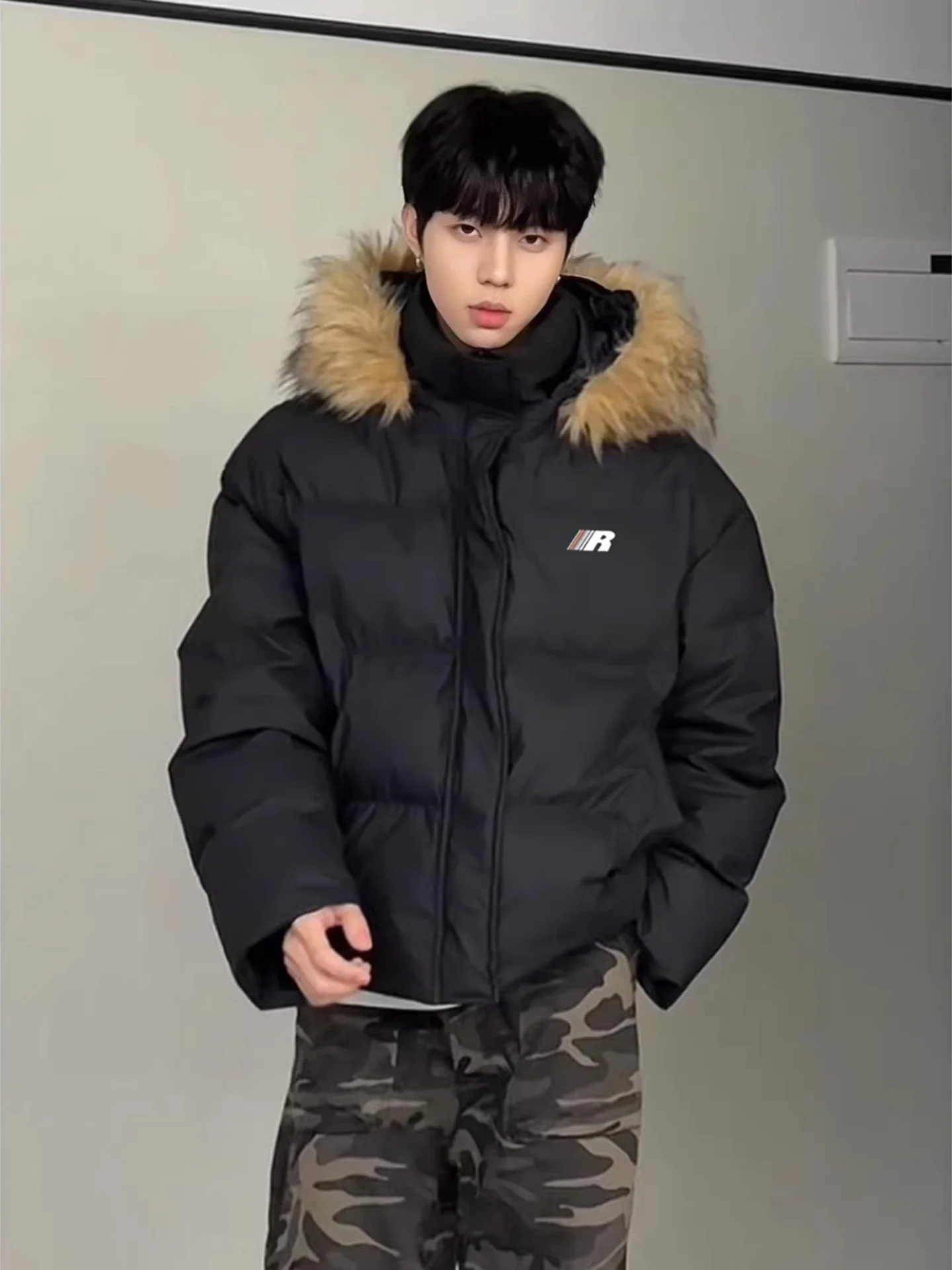 

Black American Short down Cotton Jacket Men Winter Trend Brand Detachable Fur Collar Parka Bread Outerwear for Couples