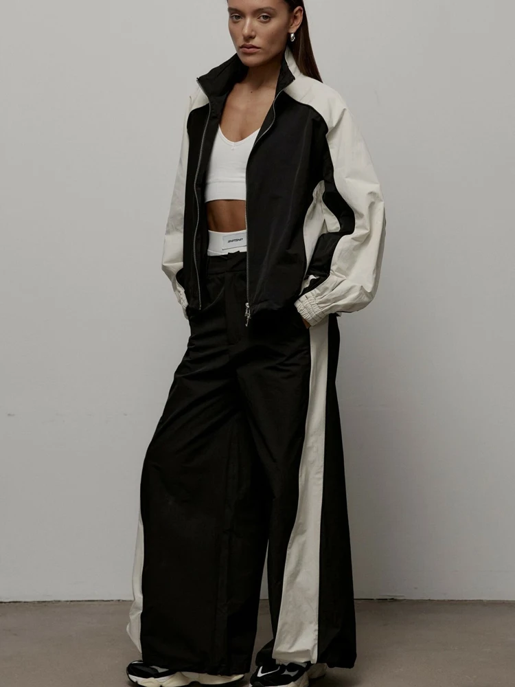 

FSMG Casual Contrast Color Jogger Sports Sets Women's Zipper Long Sleeve Drawstring Sweatshirt Elastic Waist Pants 2 Piece Set