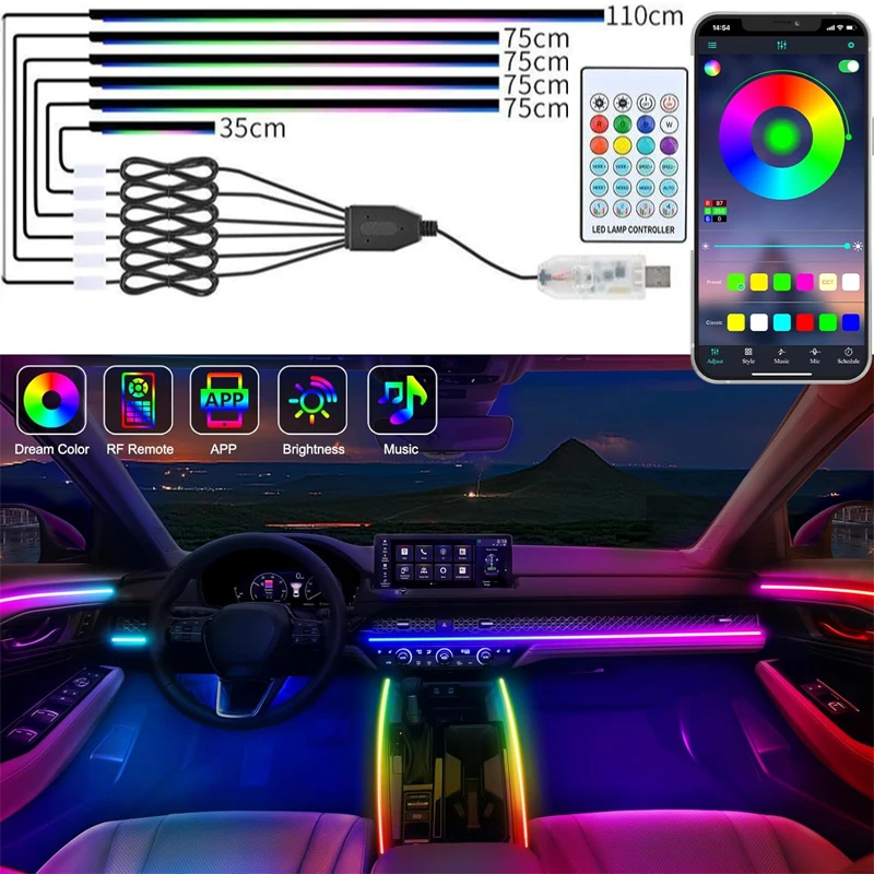

Universal 10-in-1 Car LED Interior Ambient Light Kit RGB Color Changing Acrylic Strip Lights with APP & Remote Control for Car