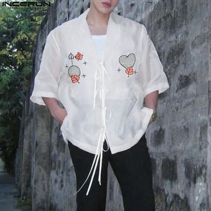 

INCERUN Men Shirt Mesh Embroidered Lapel Short Sleeve Loose Lace Up Men Clothing See Through Streetwear Fashion Male Thin Shirts