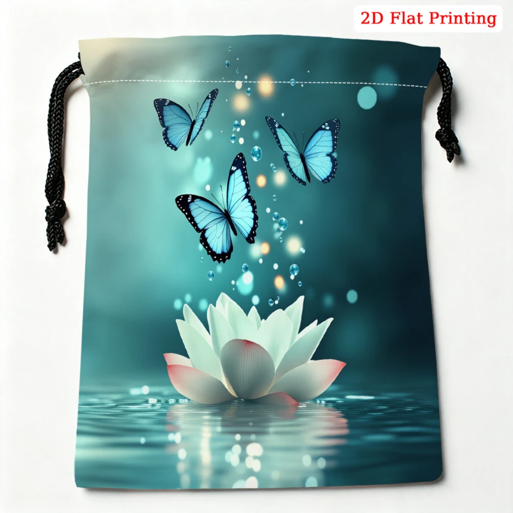 1Pc Blue Butterfly Lotus Print Drawstring Bag Teal Storage Small Pouch For Glasses Jewelry Cosmetics Travel Organizer Portable