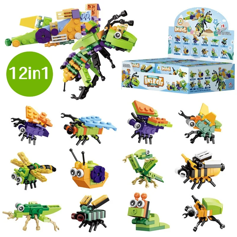 12 in 1 Pre Filled Insect Block Set-12 Pcs Mini Building Blocks Toys, STEM Building Blocks Toys, Classroom Prize Toys