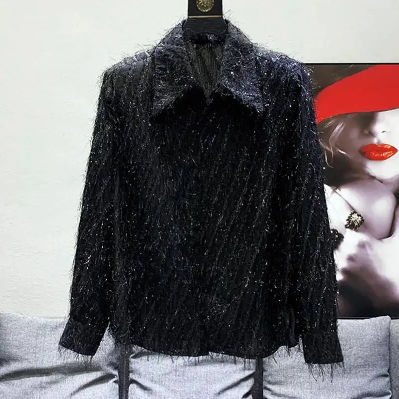 Korean Tassel Men's Shirt Spring Summer Long Sleeve Design Neck Shoulder Pad Solid Color Male Tops Casual CS20