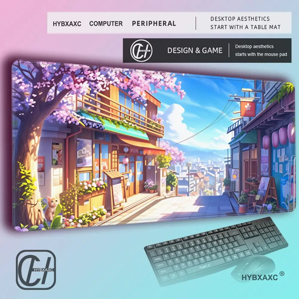 HYBXAXC Anime Landscape MousePad Kawaii Cartoon Gaming Desk Mat, Waterproof Non-Slip Keyboard Pad for PC Laptop, Customizable