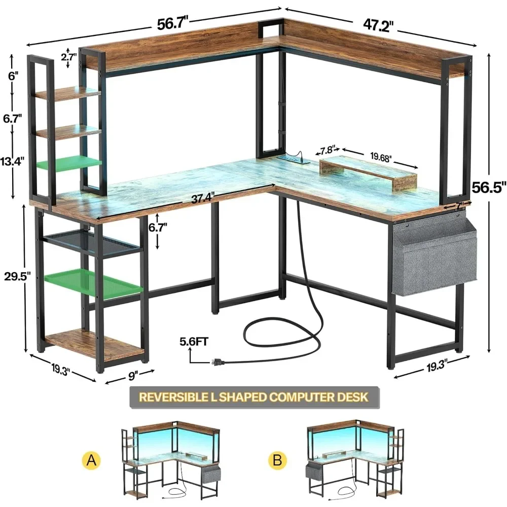 Reversible Home Office Desk Table Computer Desks L Shaped Gaming With Led Light  Hutch Rustic Brown Room Study Furniture