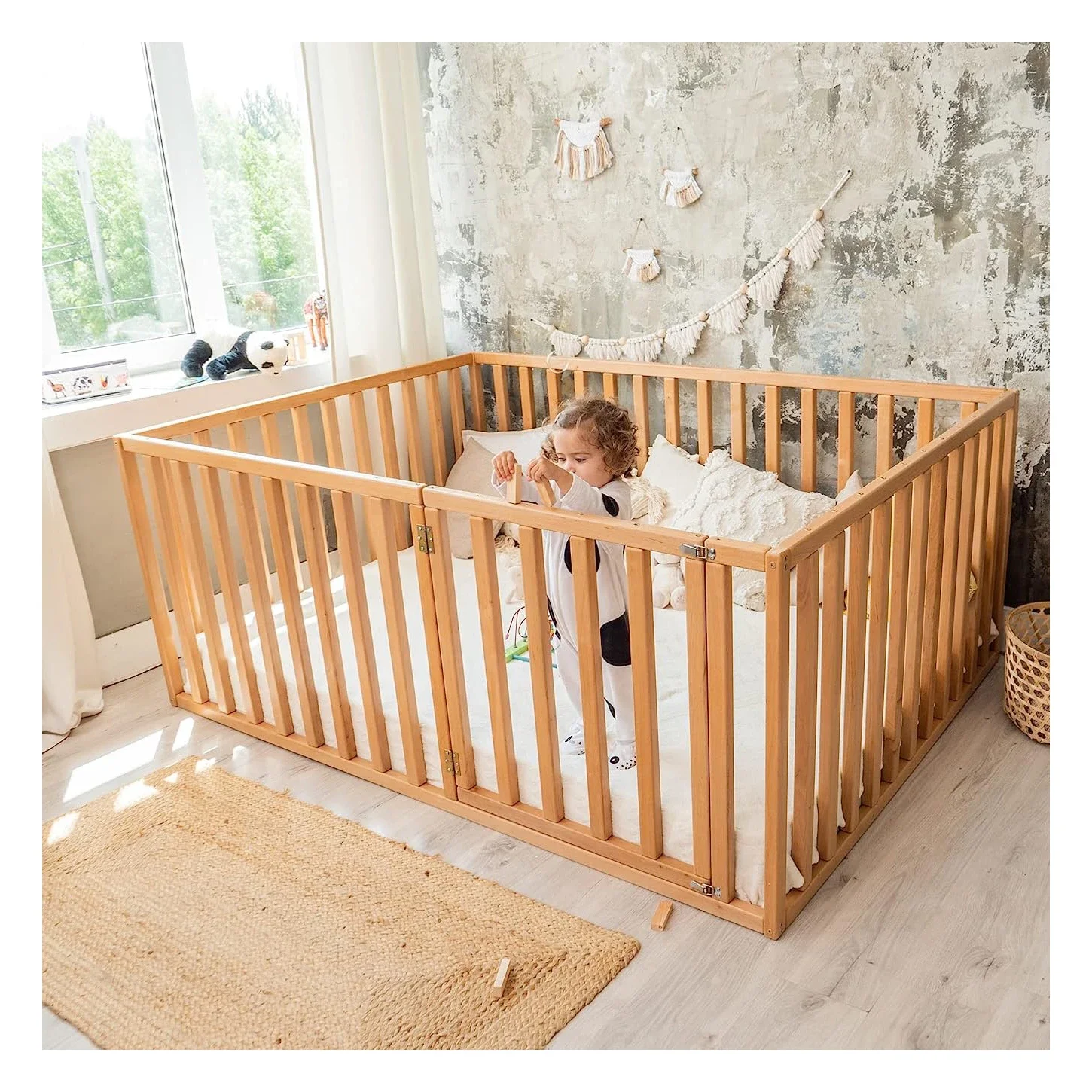 Modern Baby Playpen Solid Wood Montessori Wooden Fenced Safety Baby Beds Rails Fence Customized Color