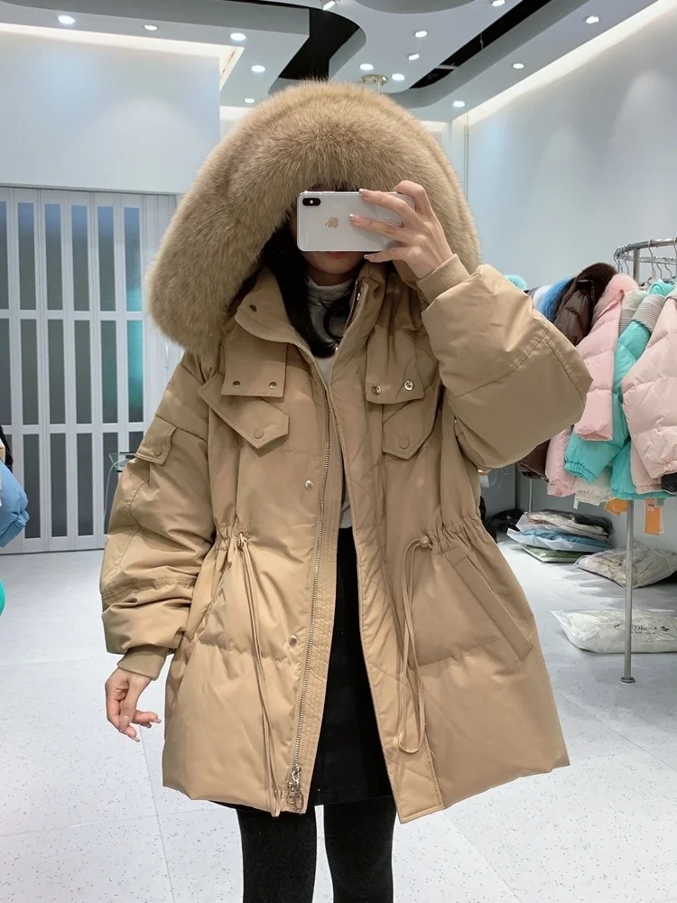 Winter Women Large 2023 Real Fox Fur Hooded Waterproof Puffer Jacket Thick Warm Loose 90% Duck Down Parka Female Snow Coat