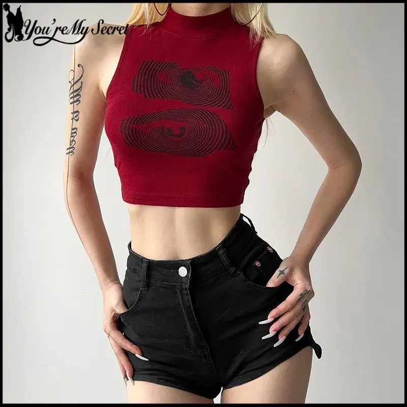 [You're My Secret] Gothic Hight Collar Women's Tank Top Y2k Red Sleeveless Crop Top Lady Night Out Streetwear Summer Clothing