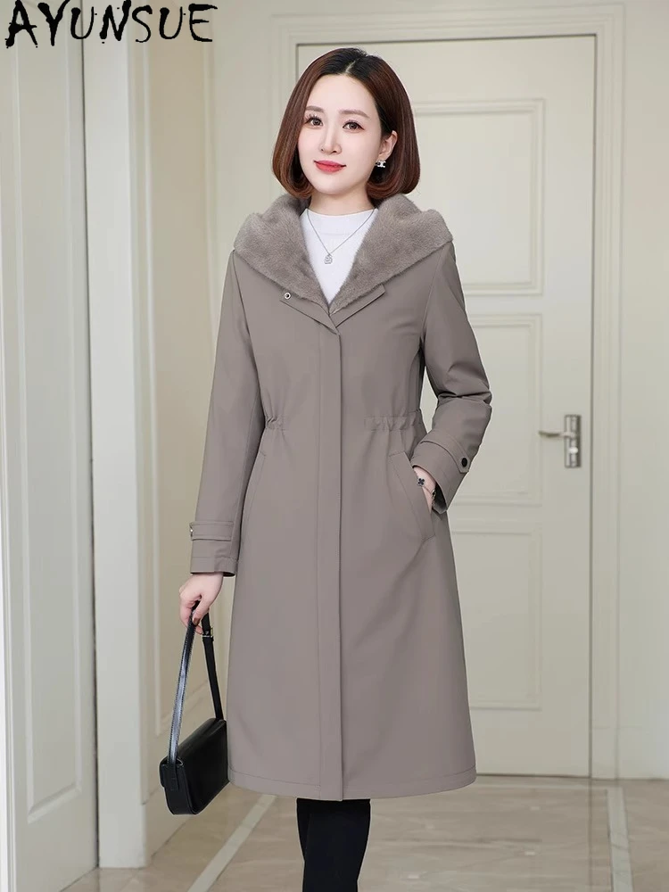

AYUNSUE Real Mink Fur Coat Women Winter Clothes Mid-length Parka Mink Fur Collar 2025 Real Fur Coat Womens Coats Пальто Женское
