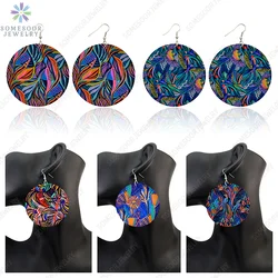SOMESOOR Oil Painting Artistic Wooden Drop Earrings Leaves Flowers Bohemian Vintage Loops African Wood Dangle Jewelry For Women