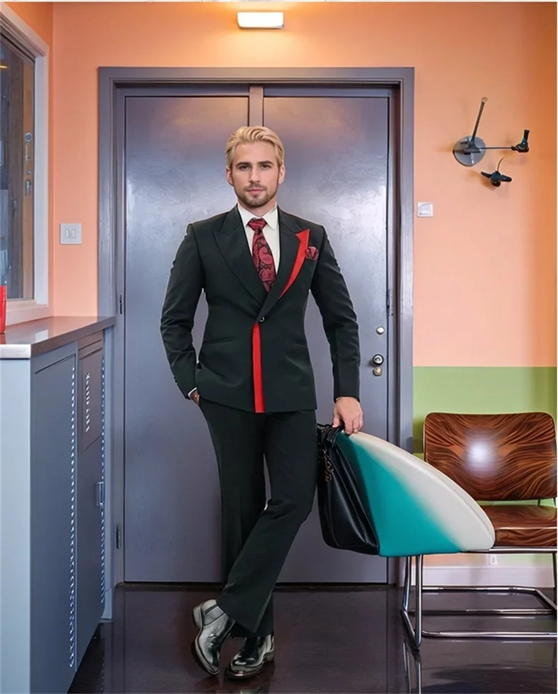 Black Men Suits Set 2 Pieces Blazer+Pants Trousers Splicing Color Customized Wedding Tuxedos Formal Office Business Jacket Coat