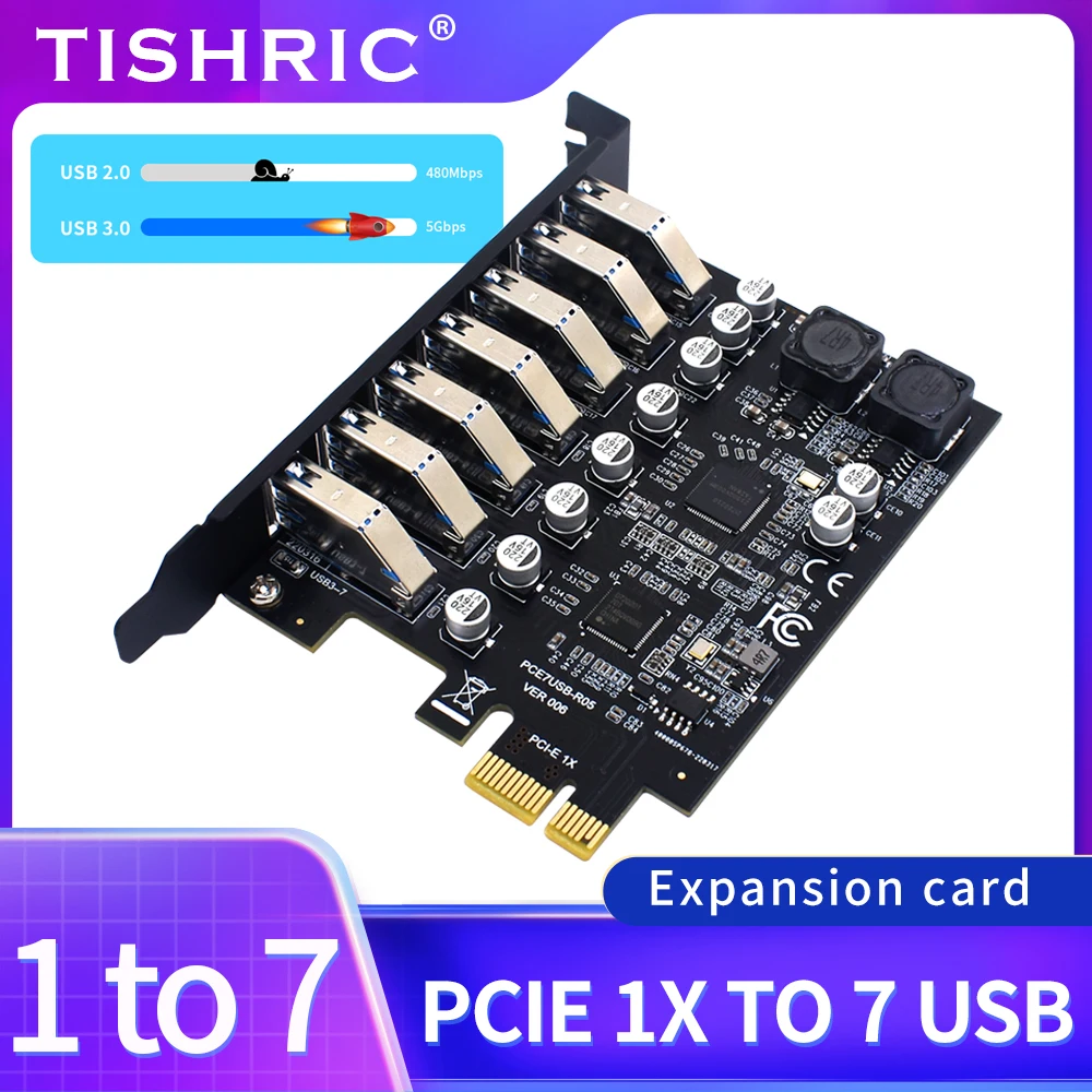TISHRIC PCIE 1X To 7 USB Interface 3.0 Multiplier HUB Expansion Card Pci Express Slot 1x To 16x USB  Controller Add On Cards