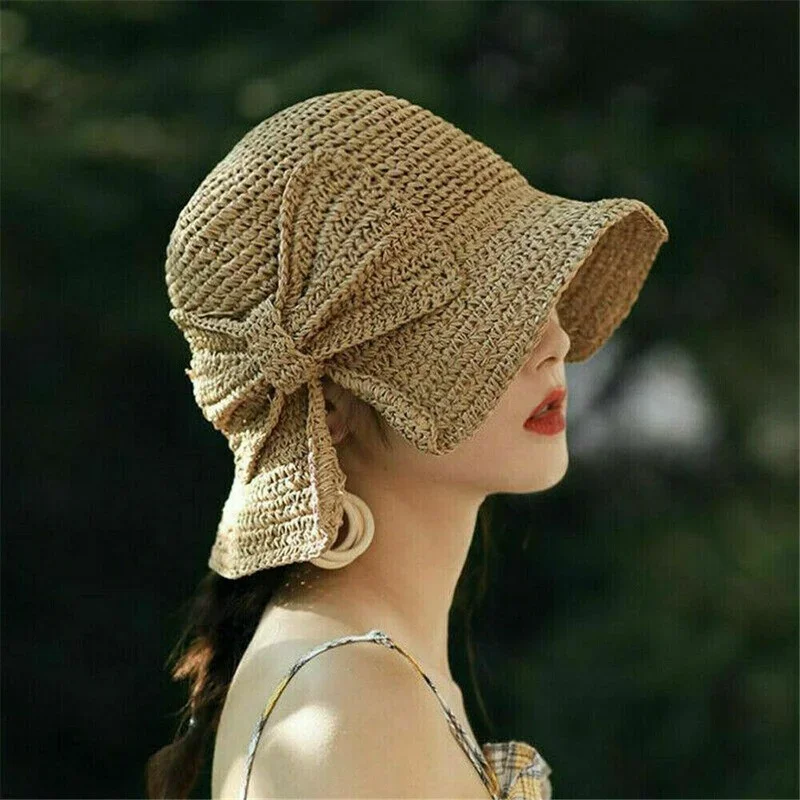 Ladies Straw Hat Female Bow Crochet Summer Foldable Beach Wide Brim Children Princess Travel Sun