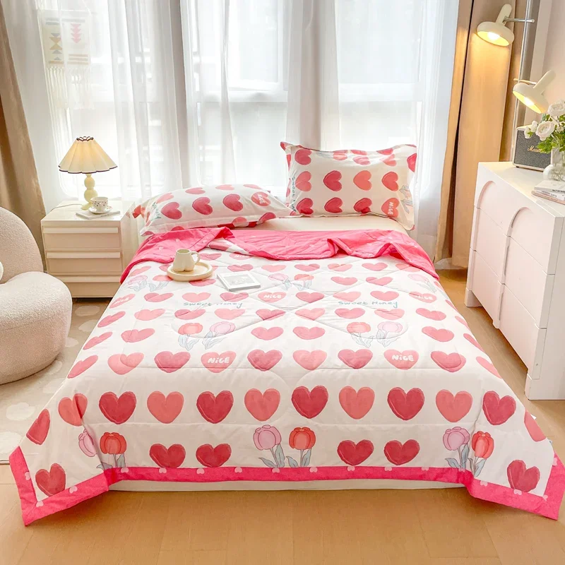 

Romance Love Hearts Tulips Pattern Summer Quilt 100% Cotton Air Conditioning Thin Comforter Skin-friendly Soft for Girls Woman