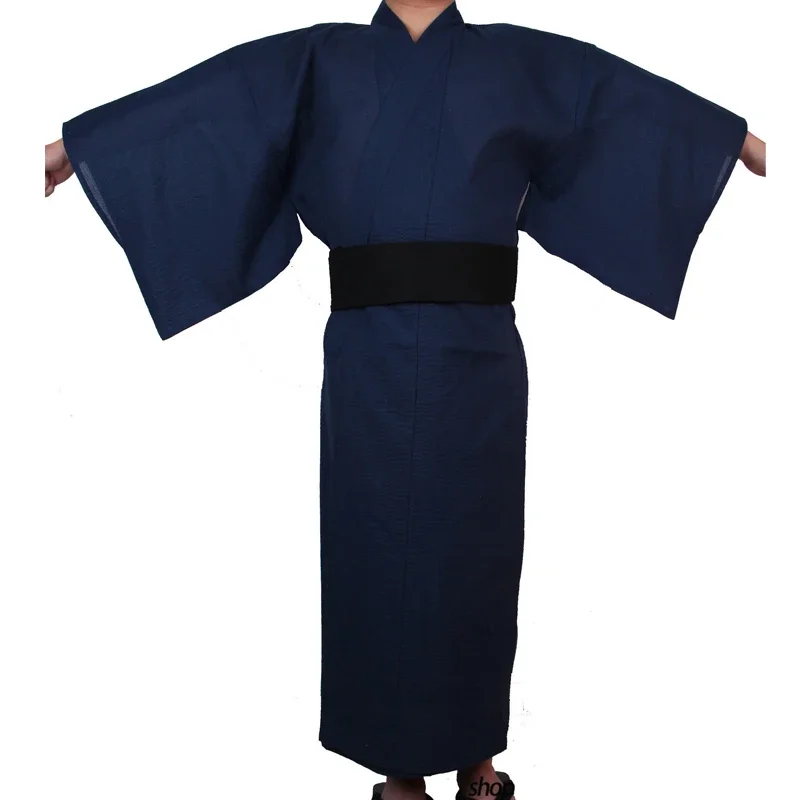 Japanese Traditional Samurai Kimono For Men Yukata Bathing Robe Hekoobi Loose Style Sauna Wear Homewear Belt Long Gown Cotton