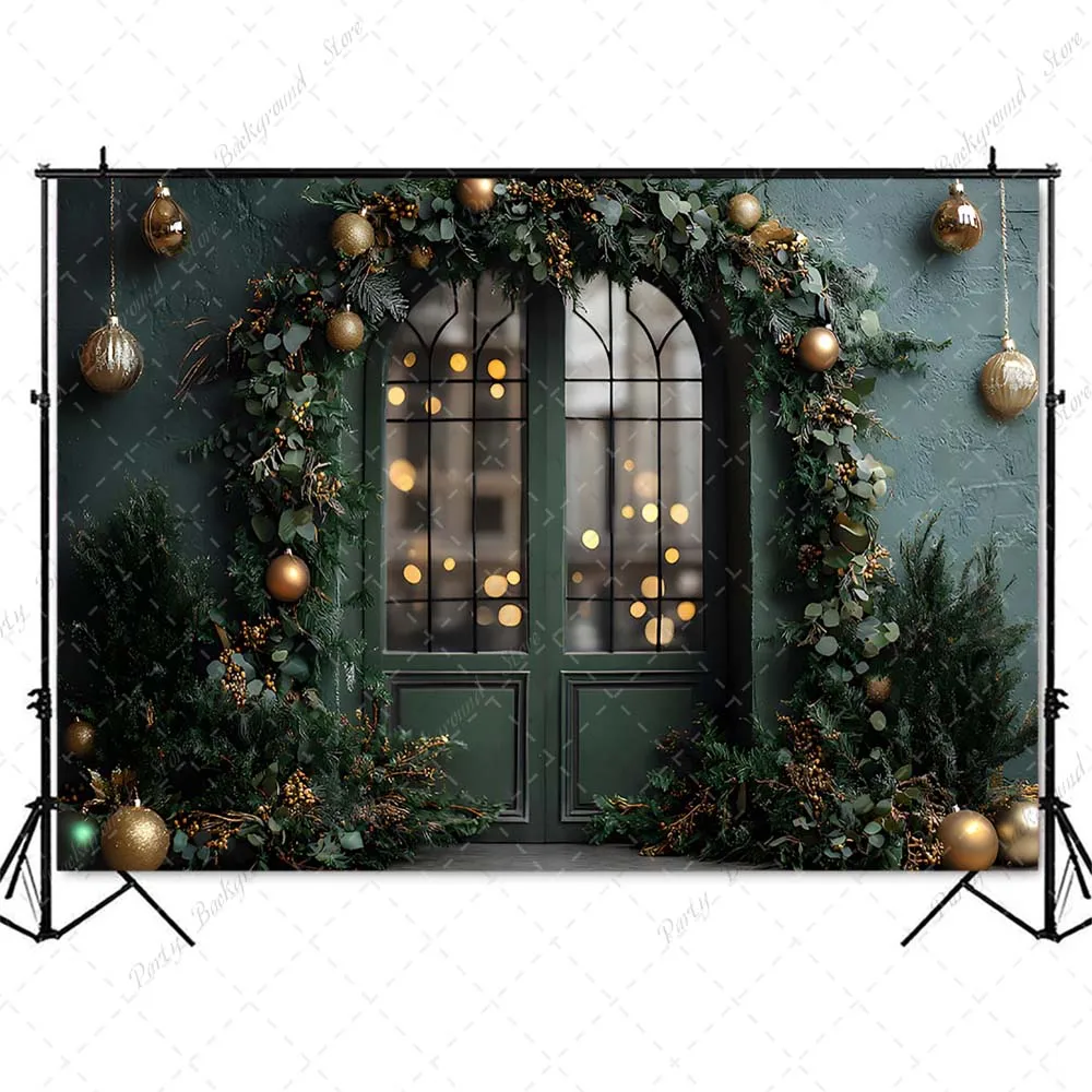 Зеленый рождественский фон для фотографии окон, рождественский праздник, тематическое украшение для вечеринки, баннер, детский портретный реквизит для фотосессии