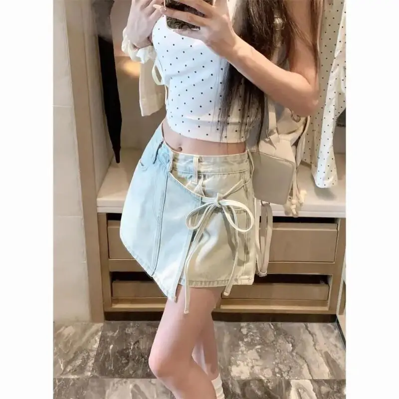 Korean Style Fake Two Piece Irregular Design Denim Skirt Simple Style Summer A Line High Waist Fashion Tie Waist Short Skirt