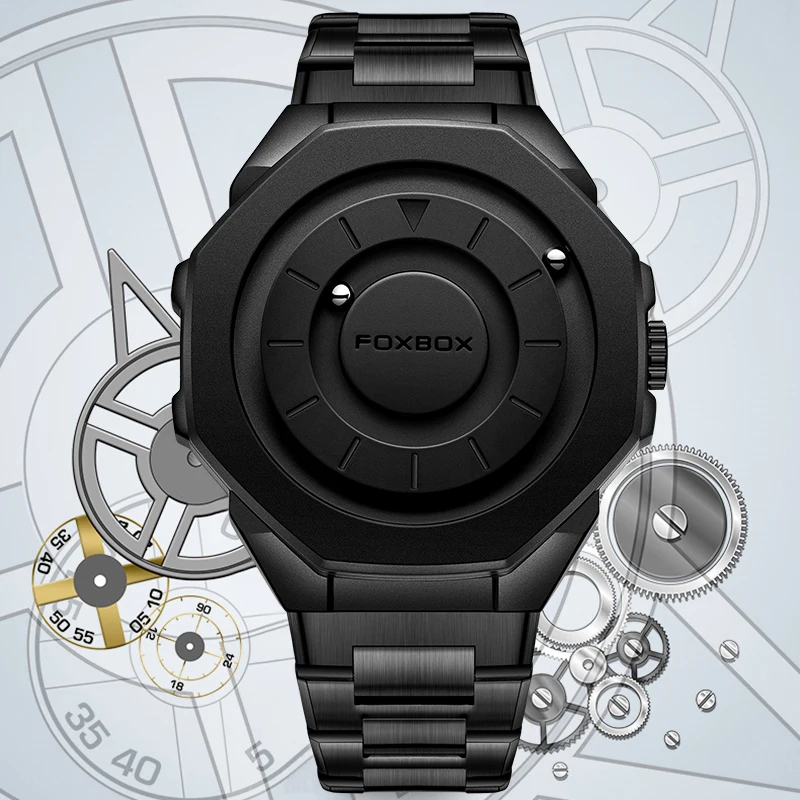 LIGE Brand FOXBOX Unique Stylish Magnetic Force Quartz Man Watch Stainless Steel Band Creative Scrolling Pointer Wristwatch Gift