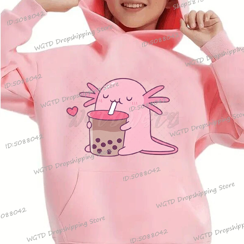 Pink Axolotl Loves Strawberry Milk Hoodie Kids Cartoon Hooded Funny Comic Axolotl Long Sleeve Tracksuit Boys Girls Cute Hoodies