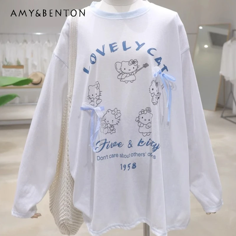 

Contrasting color breathable lace bow cartoon printed Top summer loose medium And long long-sleeved sunscreen T-shirt For women