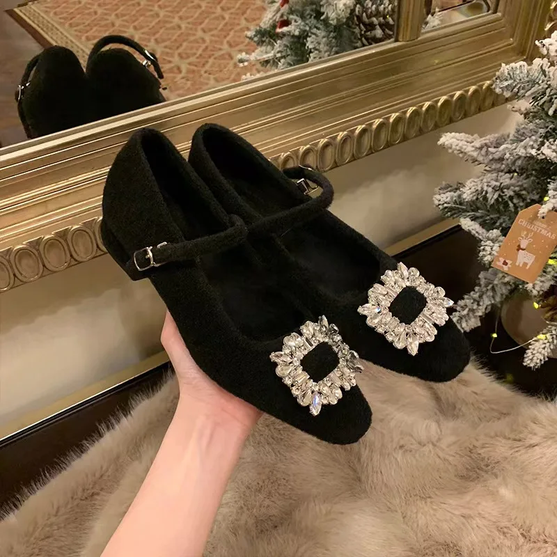 Sapatos de salto grosso único feminino viagem boca rasa strass não cansado sapatos de salto grosso das mulheres zapatos de mujer