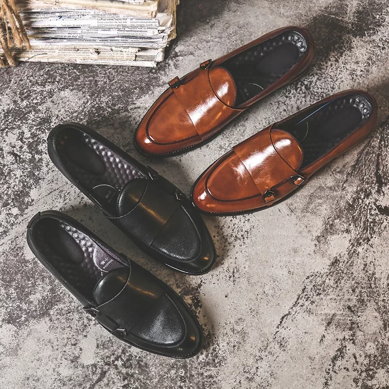 Italian Design Men's Formal Dress Shoes Slip on Loafers Double Monk Strap Luxury Men Leather Shoes Black Brown Moccasins