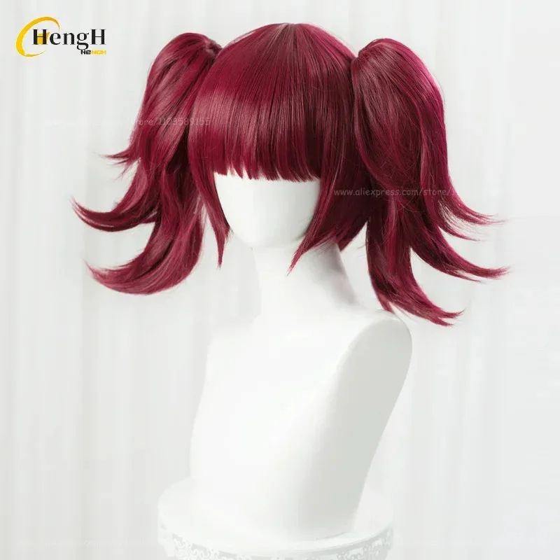 在庫あり 合成繊維 アニメ メイリン コスプレウィッグ ショート 35cm ワインレッド ダブルポニーテール ウィッグ＆メガネ 耐熱ヘアピース
