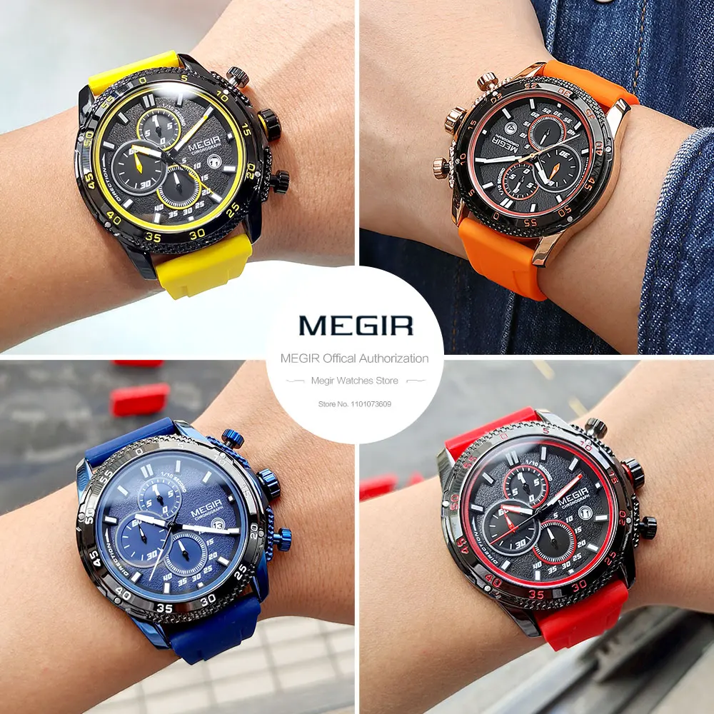 MEGIR Watch for Men Fashion Silicone Strap Chronograph Quartz Wristwatches with Auto Date Luminous Hands 3atm Waterproof 2211