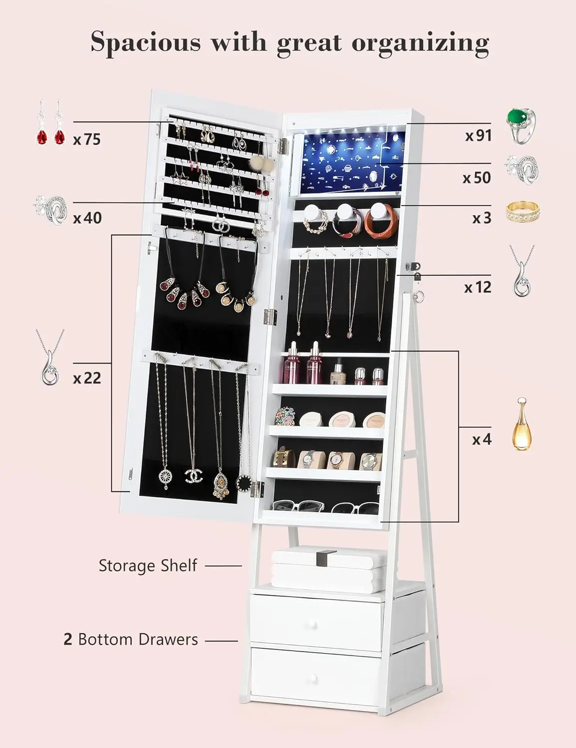 Lockable Vertical Jewelry Mirror Cabinet with 2 Drawers, Full Mirror with Jewelry Storage