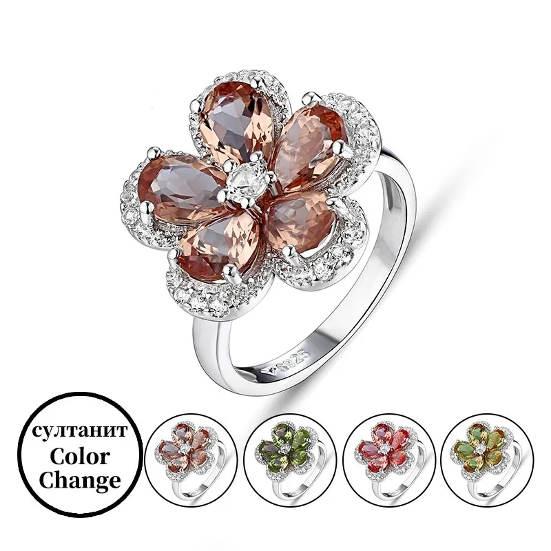 925 Sterling Silver Zultanite Меняющий цвет камень Ring for Women Turkish Diaspore Colorful Flower Lovely Style for Women\'s Gift