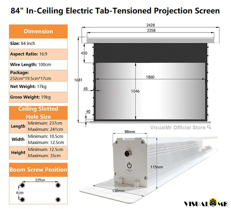 2026 Nieuw Inbouw Elektrisch Zwart Grid ALR UST Ingebouwd Projector Scherm Tab-Tensioned Gemotoriseerd Geüpgraded Plafondprojectie 4K