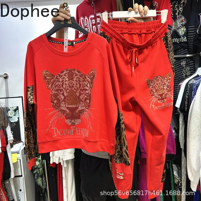 

American Street Women Hoodie Sets Domineering Tiger Hot Drilling O-neck Long Sleeve Pullover Top + Elastic Waist Sports Pants