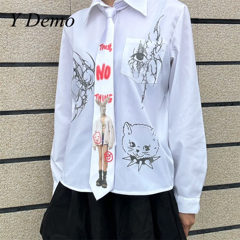 

Y демонстрационные модели рок с буквенным принтом Y2k, белые женские галстуки, повседневная длинная рубашка, галстук