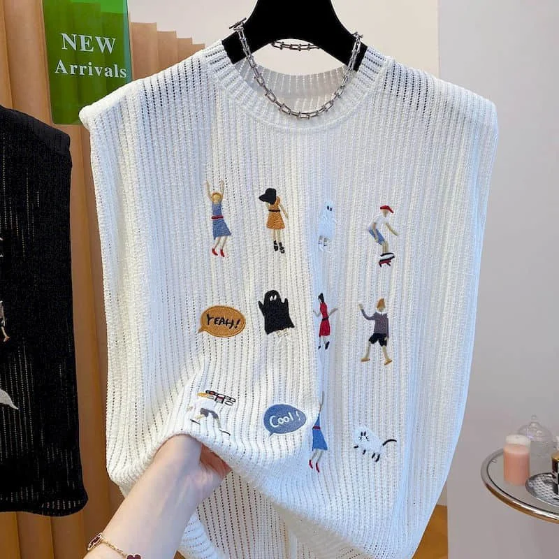 Y2k Crop Tank Tops Loose O-neck Gothic T-shirts Casual Korean Style Knitted Crochet Smock Sleeveless 2026 Summer Women Clothing