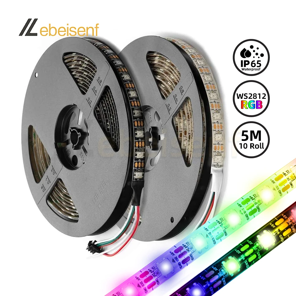 50M WS2812B LED Pixel Light Strip 30 60 LEDs/M IP65 Waterproof Flexible Lamp Bar Independent Addressing SPI Full Color 5050 RGB